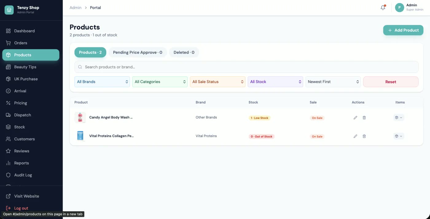 Tenzy admin portal